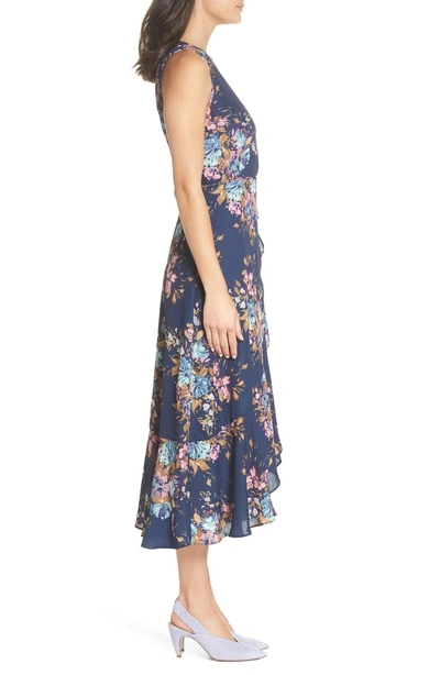 Shop Charles Henry Floral Sleeveless Wrap Dress In Navy Floral