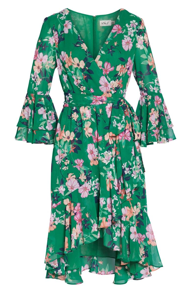 eliza j ruffle sleeve floral faux wrap dress