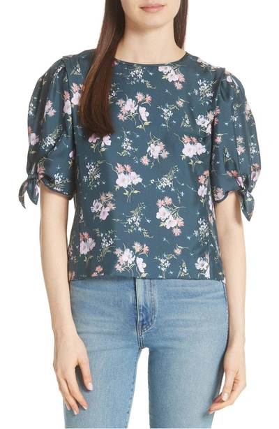 Shop Rebecca Taylor Emilia Tie Sleeve Floral Top In Teal Combo