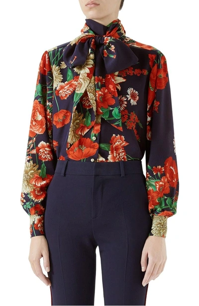 Shop Gucci Spring Bouquet Print Tie Neck Silk Blouse In Blue/ Red Print