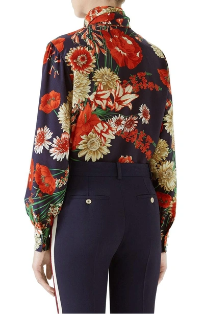 Shop Gucci Spring Bouquet Print Tie Neck Silk Blouse In Blue/ Red Print