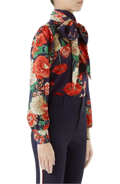 Shop Gucci Spring Bouquet Print Tie Neck Silk Blouse In Blue/ Red Print