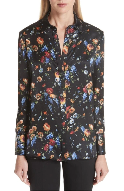 Shop Adam Lippes Floral Print Hammered Silk Blouse In Black Multi