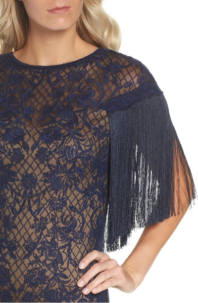 Shop Tadashi Shoji Embroidered Mesh & Fringe Gown In Midnight/ Nude