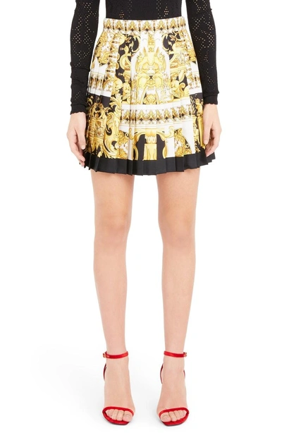 Shop Versace Stamp Print Pleated Silk Miniskirt In Yellow