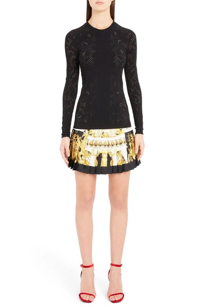 Shop Versace Stamp Print Pleated Silk Miniskirt In Yellow