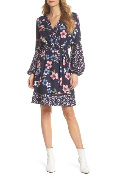 Shop Eliza J Long Sleeve Floral Wrap Dress In Navy/ Pink