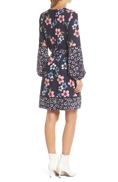 Shop Eliza J Long Sleeve Floral Wrap Dress In Navy/ Pink