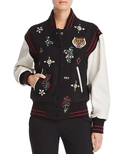Shop Joie Asuna Leather-sleeve Embellished Bomber Jacket In Caviar
