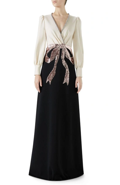 Shop Gucci Trompe L'oeil Bow Stretch Jersey Gown In Black/ Almond Flower