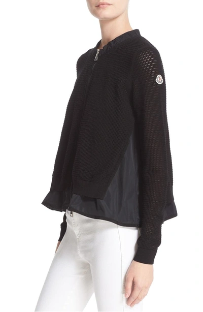 Shop Moncler Mesh Waffle Knit Cardigan In Black