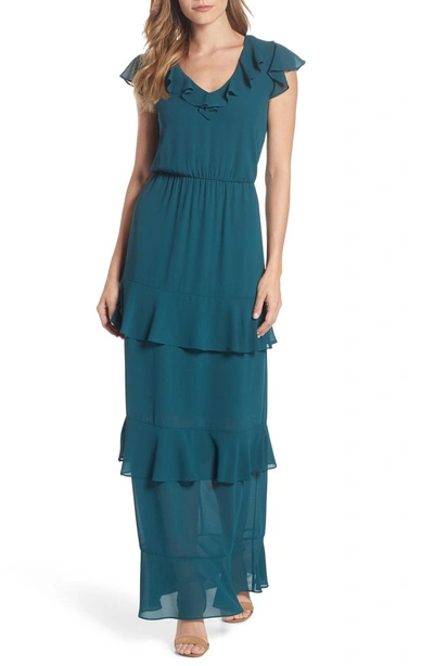 Shop Charles Henry Tiered Ruffle Maxi Dress In Dark Teal