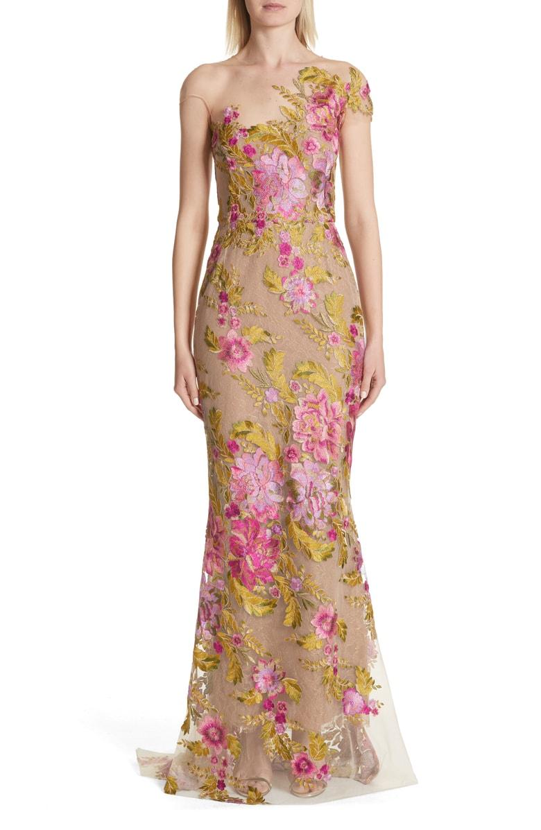 Marchesa Couture One Shoulder Illusion Floral Evening Gown In Nude ...