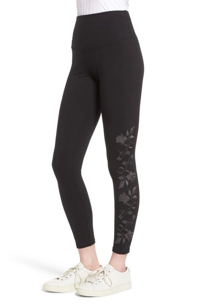 Shop Yummie Floral Embroidered Ankle Leggings In Black