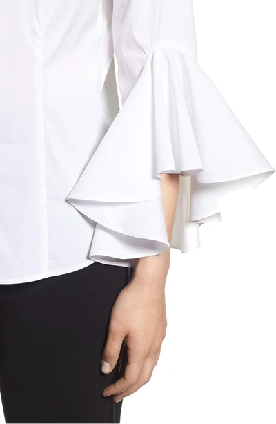 Shop Ming Wang Ruffle Sleeve Stretch Poplin Shirt In White
