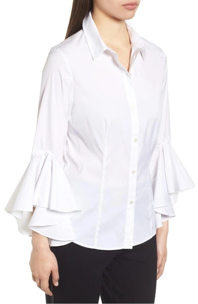 Shop Ming Wang Ruffle Sleeve Stretch Poplin Shirt In White