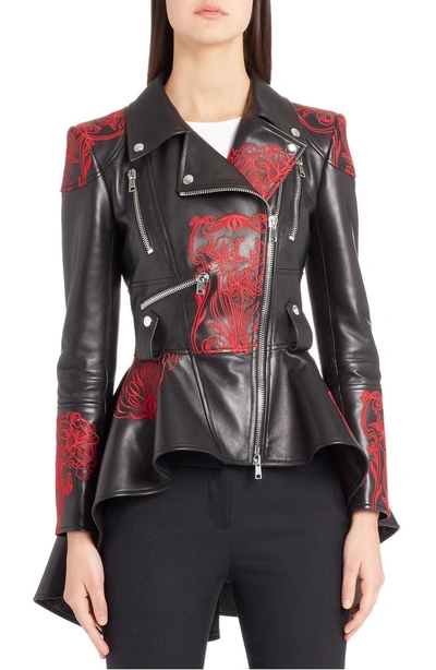 Shop Alexander Mcqueen Embroidered Leather Biker Jacket In Black/ Red