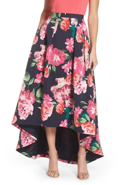 Shop Eliza J Floral High/low Skirt In Navy/ Pink