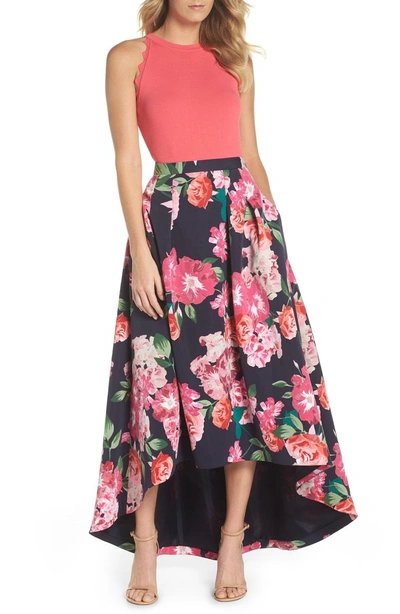 Shop Eliza J Floral High/low Skirt In Navy/ Pink