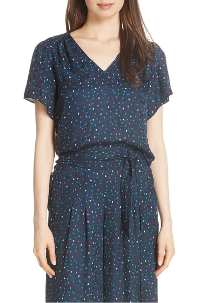 Shop Rebecca Taylor Speckled Silk Blouse In Navy Combo