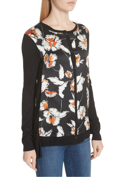 Shop St John Modern Floral Hammered Satin & Jersey Knit Cardigan In Caviar Multi