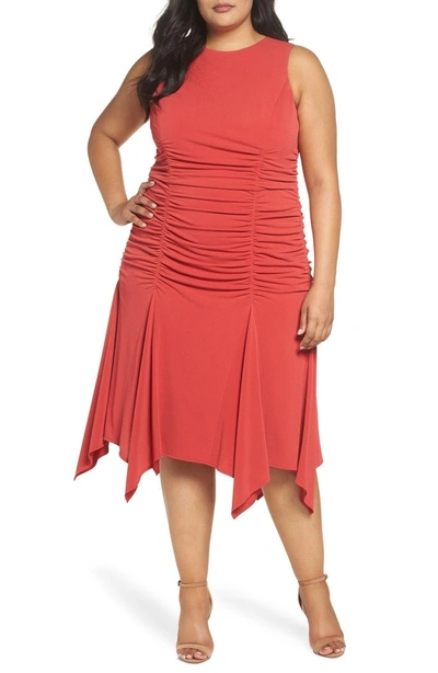 Shop Maggy London Ruched Handkerchief Hem Midi Dress In Chili Flake