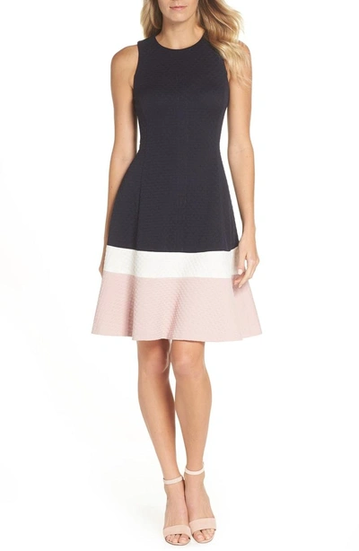 Shop Eliza J Colorblock Texture Knit Fit & Flare Dress In Navy/ Ivory/ Blush