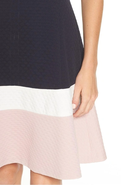 Shop Eliza J Colorblock Texture Knit Fit & Flare Dress In Navy/ Ivory/ Blush