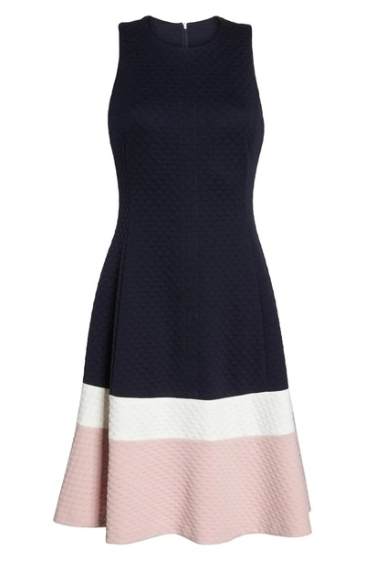 Shop Eliza J Colorblock Texture Knit Fit & Flare Dress In Navy/ Ivory/ Blush