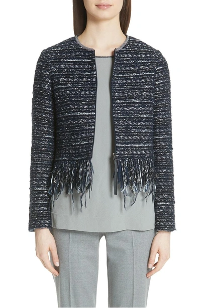 Shop Fabiana Filippi Fringe Trim Tweed Jacket In Night Blue