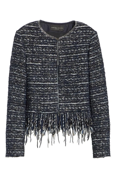 Shop Fabiana Filippi Fringe Trim Tweed Jacket In Night Blue