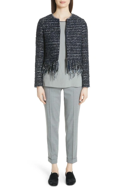 Shop Fabiana Filippi Fringe Trim Tweed Jacket In Night Blue