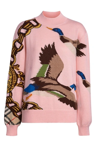 Shop Burberry Deckers Intarsia Duck Cotton Blend Sweater In Pale Pink