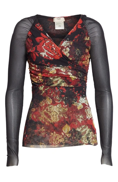 Shop Fuzzi Floral Print Tulle Top In Red Print