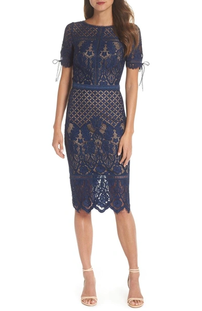 Shop Tadashi Shoji Tie Sleeve Lace Sheath Dress In Midnight/ Nude