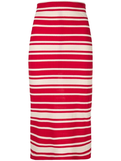 Shop Prada Striped Rib Knit Midi Skirt - Red