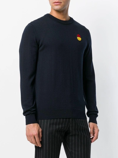 Shop Ami Alexandre Mattiussi Crew Neck Sweater Smiley Chest Embroidery In Blue
