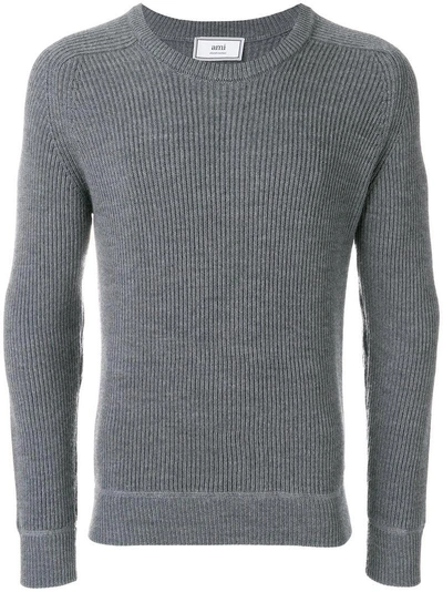 Shop Ami Alexandre Mattiussi Crew Neck Elbow Patches Fisherman's Rib Sweater In Grey
