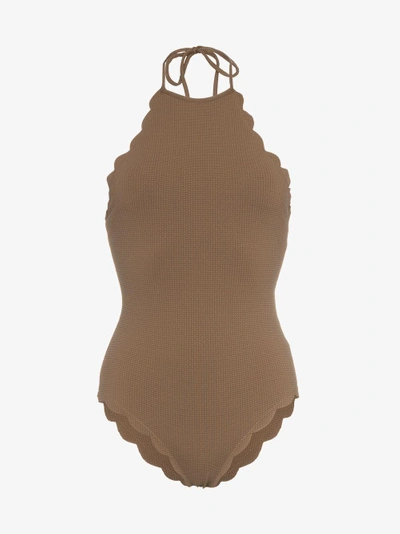 Shop Marysia Mott Scalloped Halterneck Swimsuit In Brown