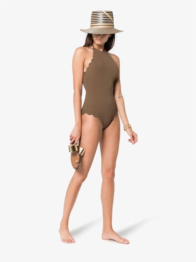 Shop Marysia Mott Scalloped Halterneck Swimsuit In Brown