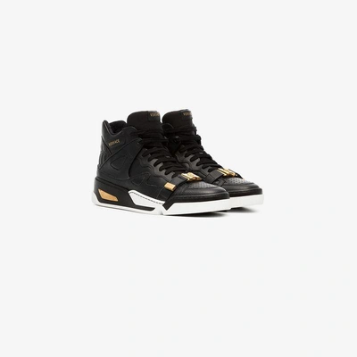 Shop Versace Black Leather Hightop Sneakers