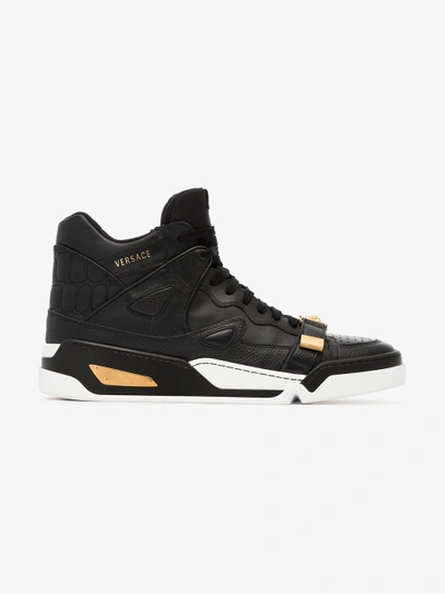 Shop Versace Black Leather Hightop Sneakers