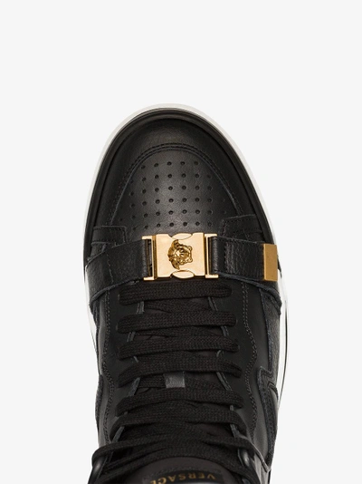 Shop Versace Black Leather Hightop Sneakers