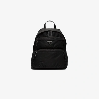 Shop Prada Black Logo Plaque Backpack