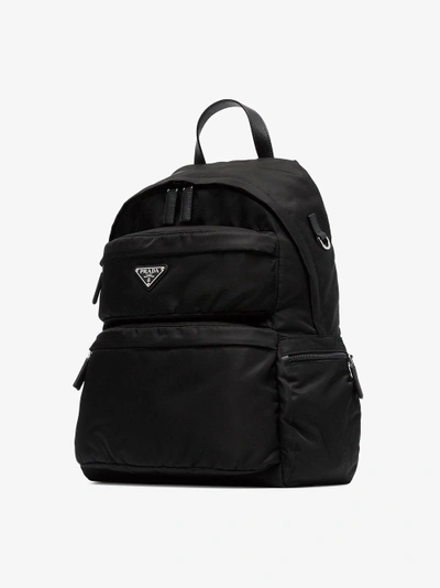 Shop Prada Black Logo Plaque Backpack