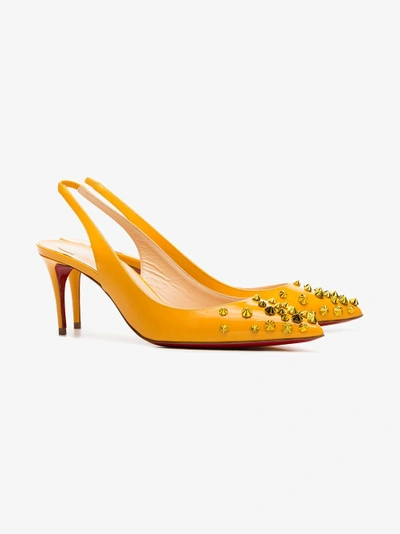 Shop Christian Louboutin Yellow Drama 70 Studded Patent Leather Pumps In Yellow/orange