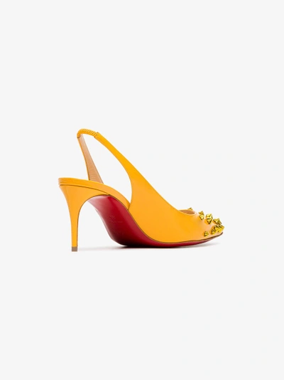 Shop Christian Louboutin Yellow Drama 70 Studded Patent Leather Pumps In Yellow/orange