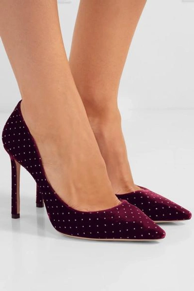 Shop Jimmy Choo Romy 100 Glittered Velvet Pumps In Burgundy