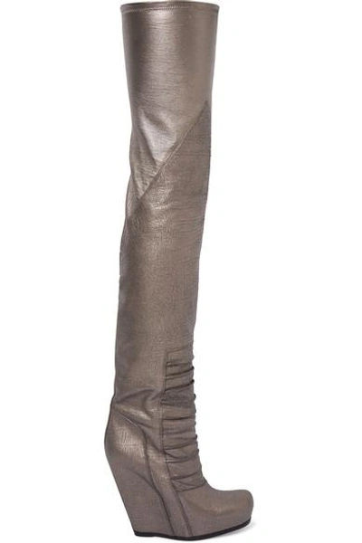 Shop Rick Owens Metallic Textured-leather Over-the-knee Wedge Boots In Silver