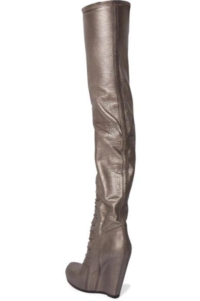 Shop Rick Owens Metallic Textured-leather Over-the-knee Wedge Boots In Silver